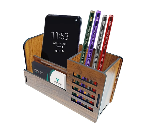 Achchha Gift Wooden Pen holder, desk organizer, 3 in1 pen stand - Without Print