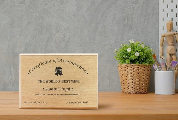 Achchha Gift Wooden Best husband, best wife certificate / award for gift, valantine's day or anniversary gift for wife and husband - 8x6 inch, Wife