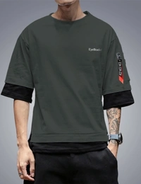 Seven Rocks Color Block Men Round Neck Black T-Shirt - Green-Black