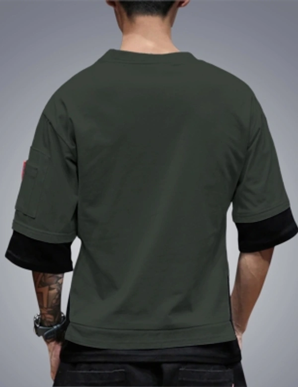 Seven Rocks Color Block Men Round Neck Black T-Shirt - Green-Black