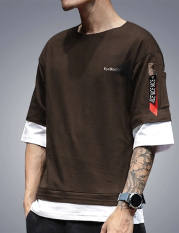 Seven Rocks Color Block Men Round Neck Black T-Shirt - Brown - white 