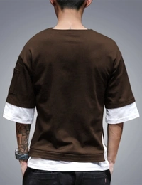 Seven Rocks Color Block Men Round Neck Black T-Shirt - Brown - white 