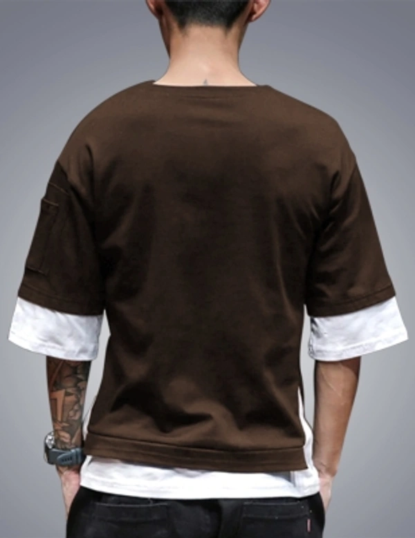 Seven Rocks Color Block Men Round Neck Black T-Shirt - Brown - white 