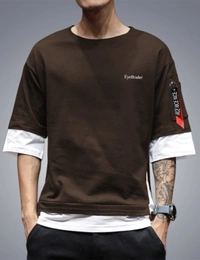 Seven Rocks Color Block Men Round Neck Black T-Shirt - Brown - white 