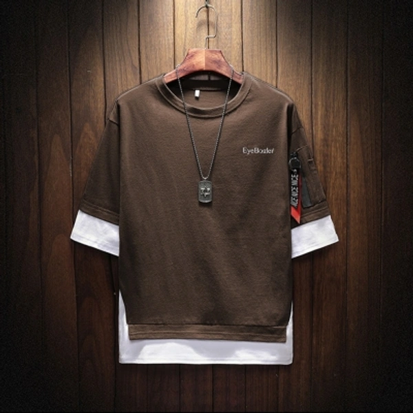 Seven Rocks Color Block Men Round Neck Black T-Shirt - Brown - white 