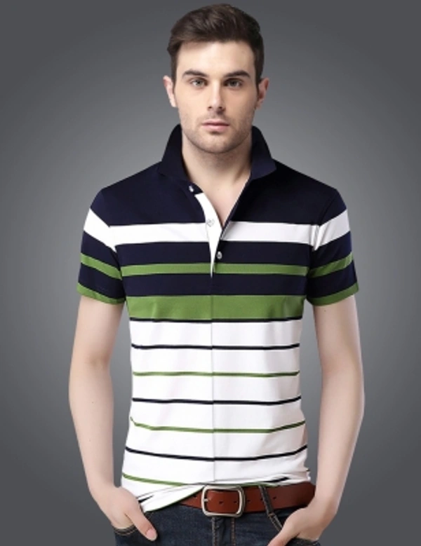 Seven Rocks Striped Men Polo Neck T-shirt - white, dark navy, green