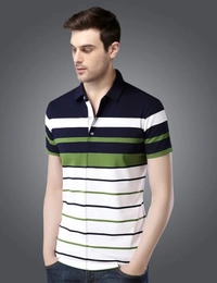 Seven Rocks Striped Men Polo Neck T-shirt - white, dark navy, green