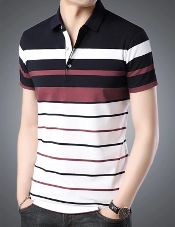 Seven Rocks Striped Men Polo Neck T-shirt - white- black -onion