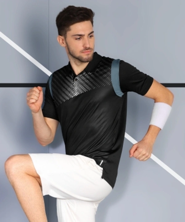 ADRENEX Printed Men Polo Neck Black T-Shirt - Black