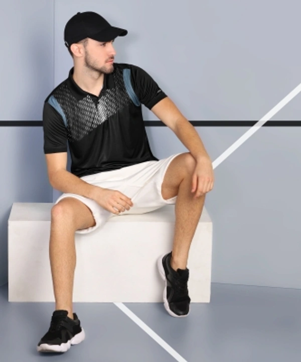 ADRENEX Printed Men Polo Neck Black T-Shirt - Black
