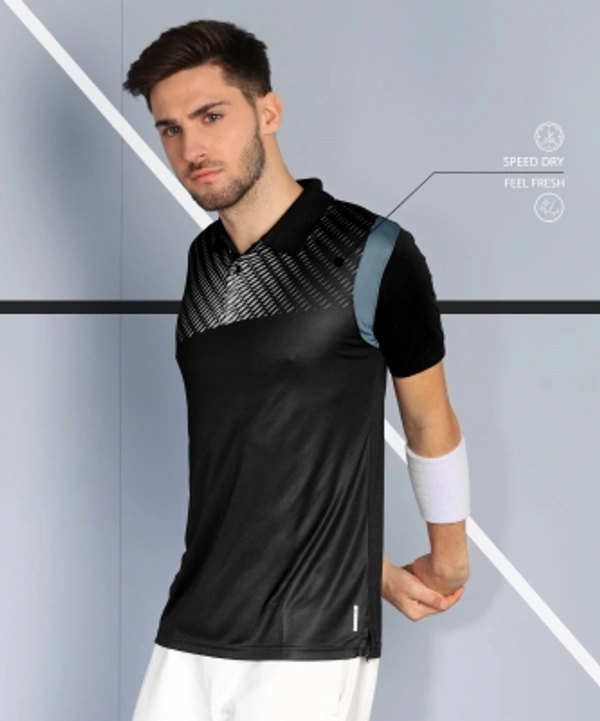 ADRENEX Printed Men Polo Neck Black T-Shirt - Black