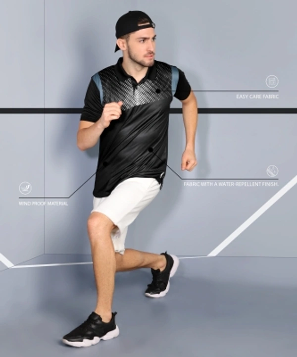 ADRENEX Printed Men Polo Neck Black T-Shirt - Black