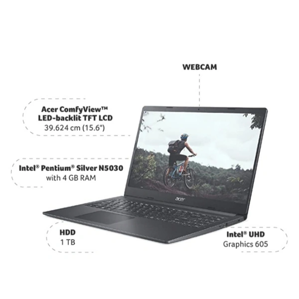 Accer Laptop.15 Thin & Light Laptop Intel Processor Pentium Silver N5030 15.6 inch (35.56 cms) (4GB RAM/1TB HDD/Windows 10/Integrated Graphic Card/Black/1.9 Kg),EX215-31 - BLACK, 15.6 inch