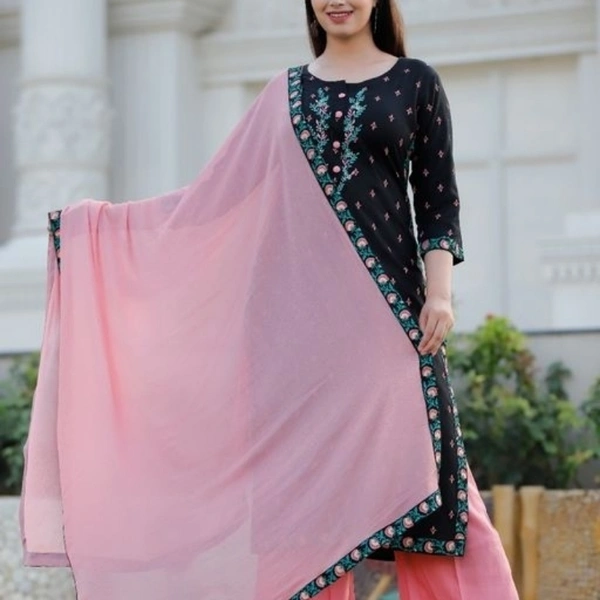 Women Rayon Slub A-line Embroidered Long Kurti With Palazzos And Dupatta - 8479790, M
