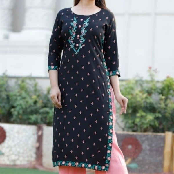 Women Rayon Slub A-line Embroidered Long Kurti With Palazzos And Dupatta - 8479790, L