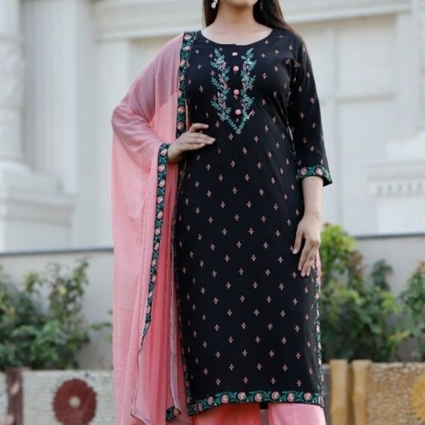 Women Rayon Slub A-line Embroidered Long Kurti With Palazzos And Dupatta - 8479790, L