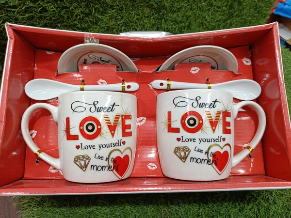 Couple Ceramic Love Mug Set With Spoon And Lid