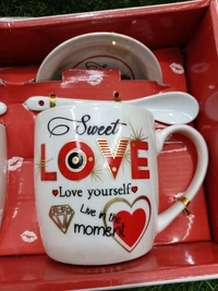 Couple Ceramic Love Mug Set With Spoon And Lid