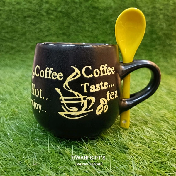  Coffee Mug With Spoon - Black Yellow