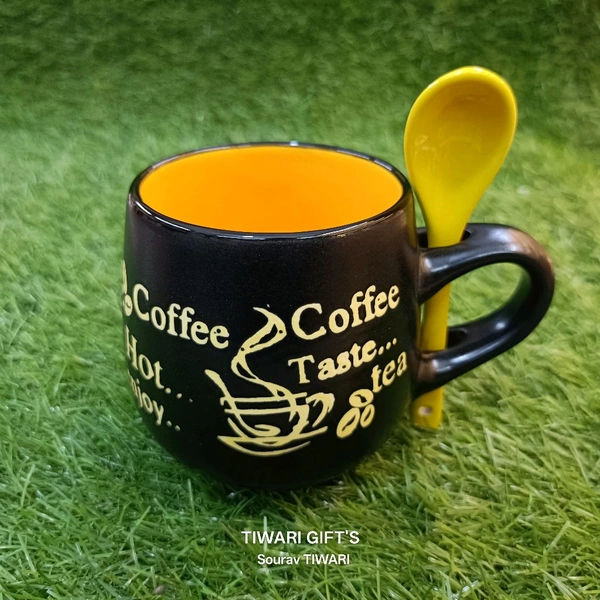  Coffee Mug With Spoon - Black Yellow