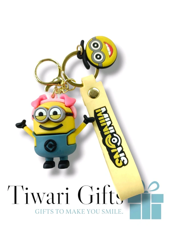 3D MINIONS rubber Keychain with strap, keychain for Bikes and Cars Key Ring Hook Holder Car Pendant Gift for Girls Boys and Men