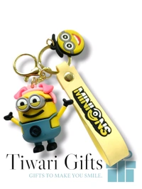 3D MINIONS rubber Keychain with strap, keychain for Bikes and Cars Key Ring Hook Holder Car Pendant Gift for Girls Boys and Men