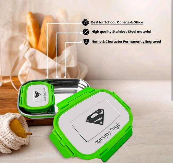 New Heavy Quality 
air tight stainless steel 
lunch box with name and character 
engrave 
best for school and office 