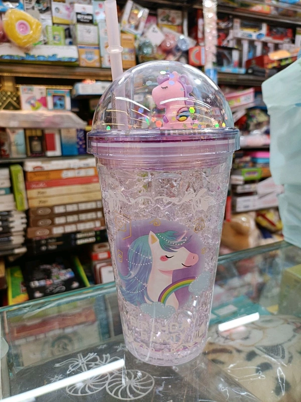 Unicorn Double Wall Design Crackled Freezing Gel Frosty Ice Sipper Water Bottle - Pink