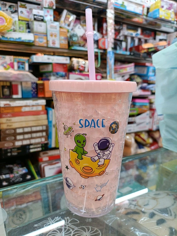 Space Plastic Water Sipper Tumbler with Straw Frosted Vacuum Insulated Girly Style Perfect for Everyday Fun School Birthday Gift Return Gift - Pink