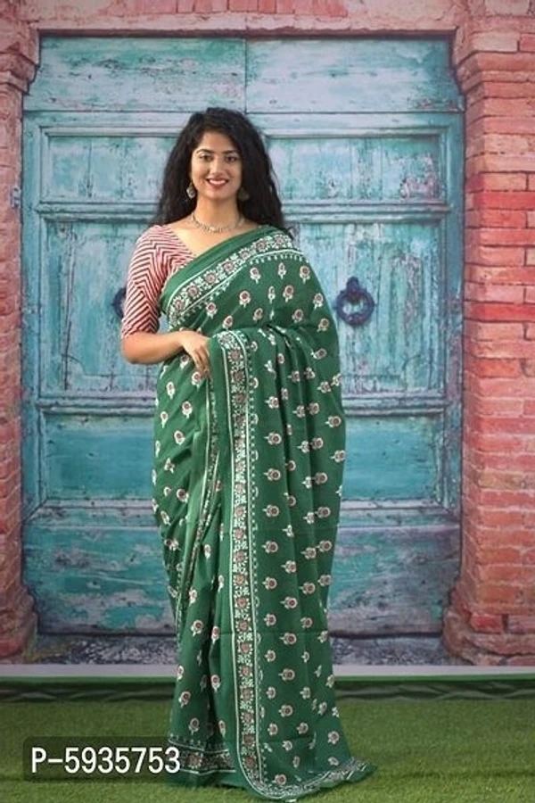 Kajal Enterprises *Jaipuri Printed Cotton Mulmul Saree / Cotton Malmal Saree / Cotton Saree With Attached Blouse Piece For Woman - Multicolored, Free