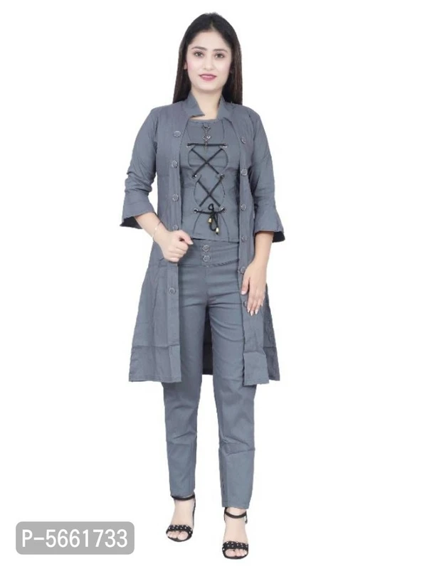 JSS FASHION  Women Cotton Blend 3 Piece Set ( Top and Bottoms Set)* - Grey, M