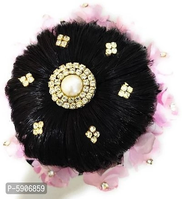 BLACK STUDED HAIR BUN WITH PINK ROSE GAJRA - Pink, Regular