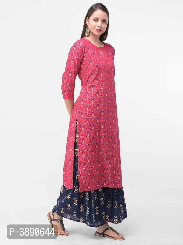 Beautiful Ethnic Wear Rayon Gold Printed & Trim Work Kurta & Cotton Gold Print Palazoo Set* - Pink, M