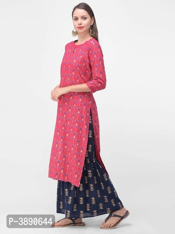 Beautiful Ethnic Wear Rayon Gold Printed & Trim Work Kurta & Cotton Gold Print Palazoo Set* - Pink, M