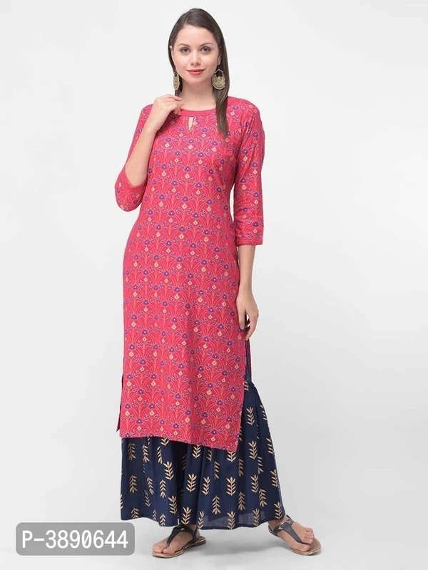 Beautiful Ethnic Wear Rayon Gold Printed & Trim Work Kurta & Cotton Gold Print Palazoo Set* - Pink, M