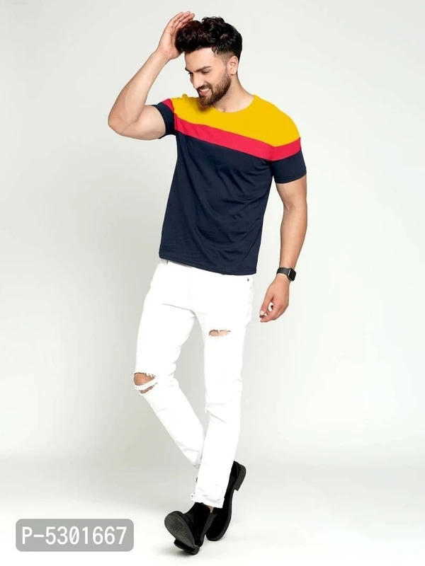 Men's Multicoloured Cotton Blend Colourblocked Round Neck Tees* - Multicoloured, L