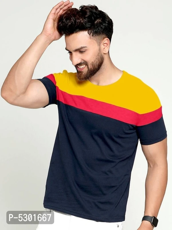 Men's Multicoloured Cotton Blend Colourblocked Round Neck Tees* - Multicoloured, XL