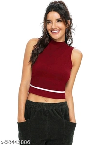 Sleeveless Casual Striped MaroonPolyester Blend Crop Top (18"Inches) - XL, available