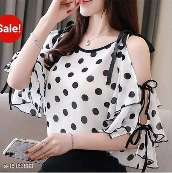 RWT-01019 White_Polka Dott Flared Sleeves Cold Shoulder Top - available, S