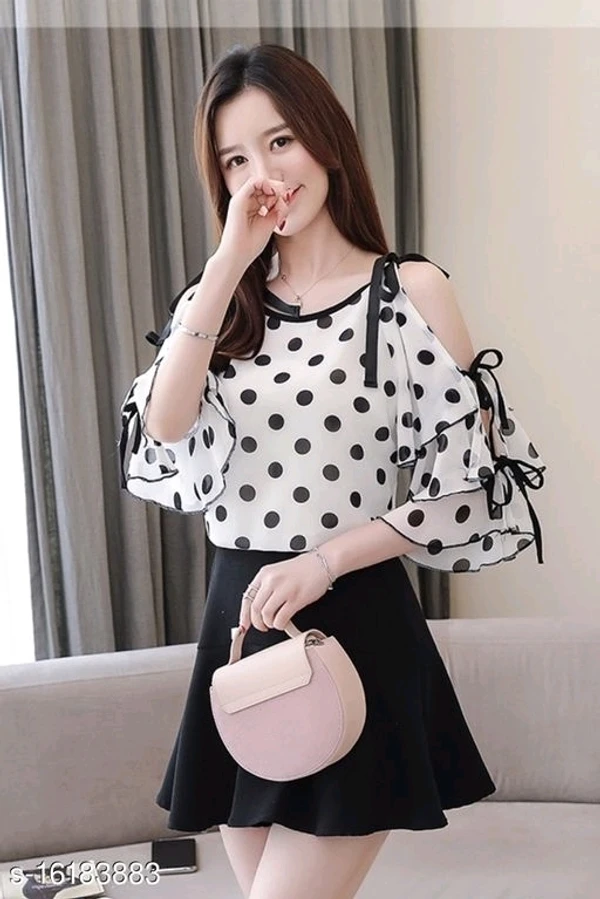 RWT-01019 White_Polka Dott Flared Sleeves Cold Shoulder Top - M, available