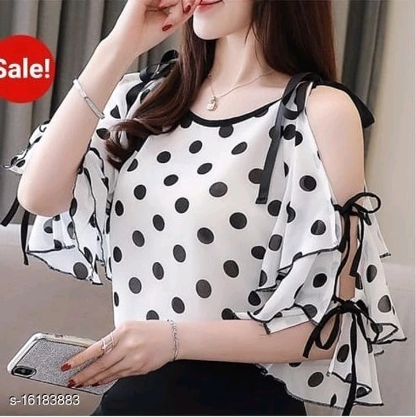 RWT-01019 White_Polka Dott Flared Sleeves Cold Shoulder Top - XL, available