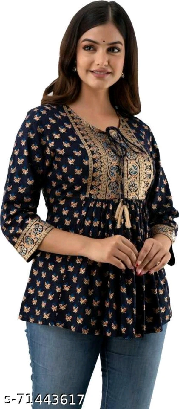 Women Rayon Printed Navy Blue Top - available, S