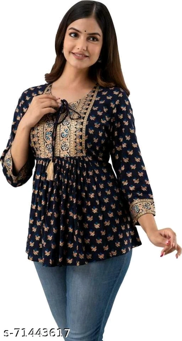 Women Rayon Printed Navy Blue Top - M, available