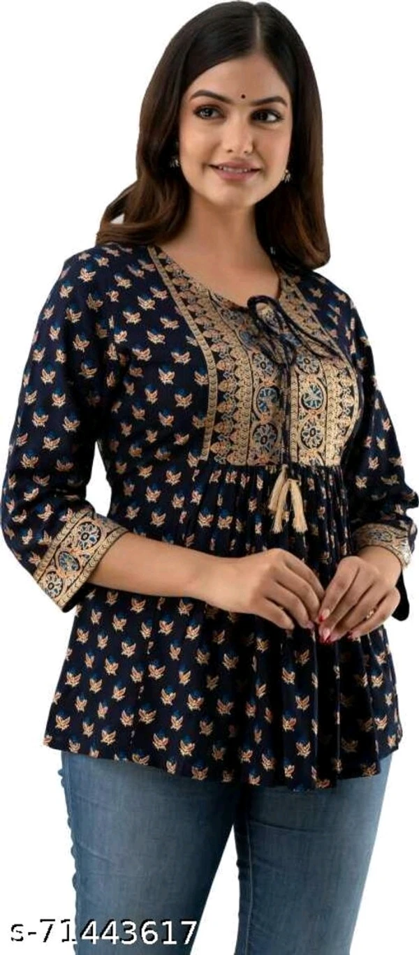 Women Rayon Printed Navy Blue Top - L, available