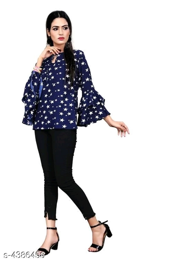 Women's Printed Navy Blue CrepeTop - L, available