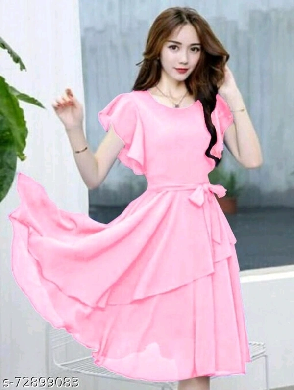 Women Gold Solid Knee Length, Fit And Flare & A-line Georgette Dress - M, available