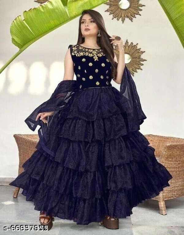 Stylish soft Net & Velvet Embroideryfency design long gowns & dupattaneavy blue - XXL, available