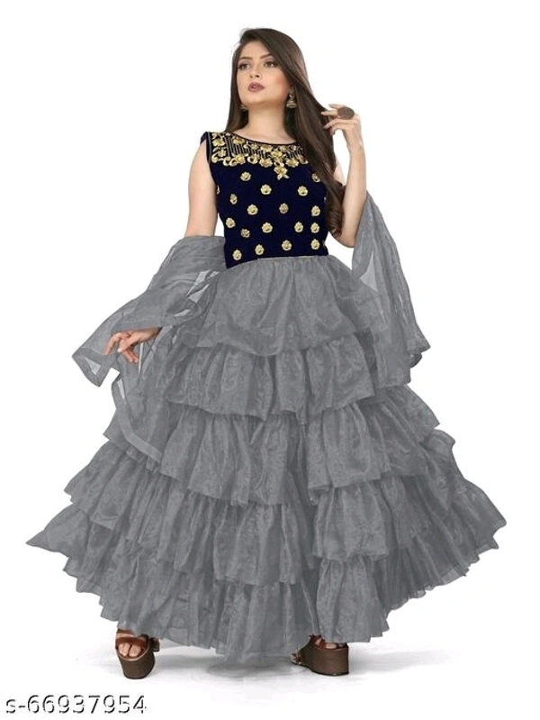 Stylish soft Net & Velvet Embroideryfency design long gowns & dupatta Grey - M, available