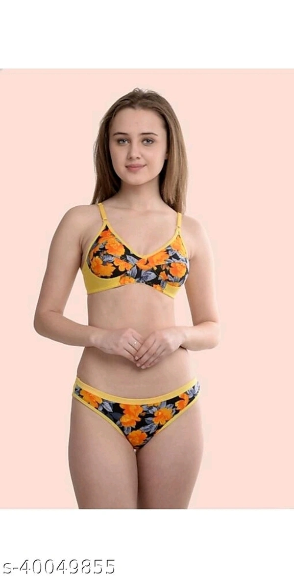 Women Floral Yellow Cotton Lingerie Set - 34B, available