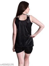 Senslife Women's Nightsuit Black Satin Nightwear Top & Shorts Set - M, available